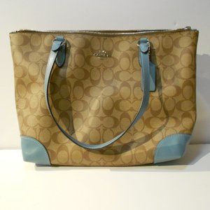 Coach signature tote with light blue leather trim